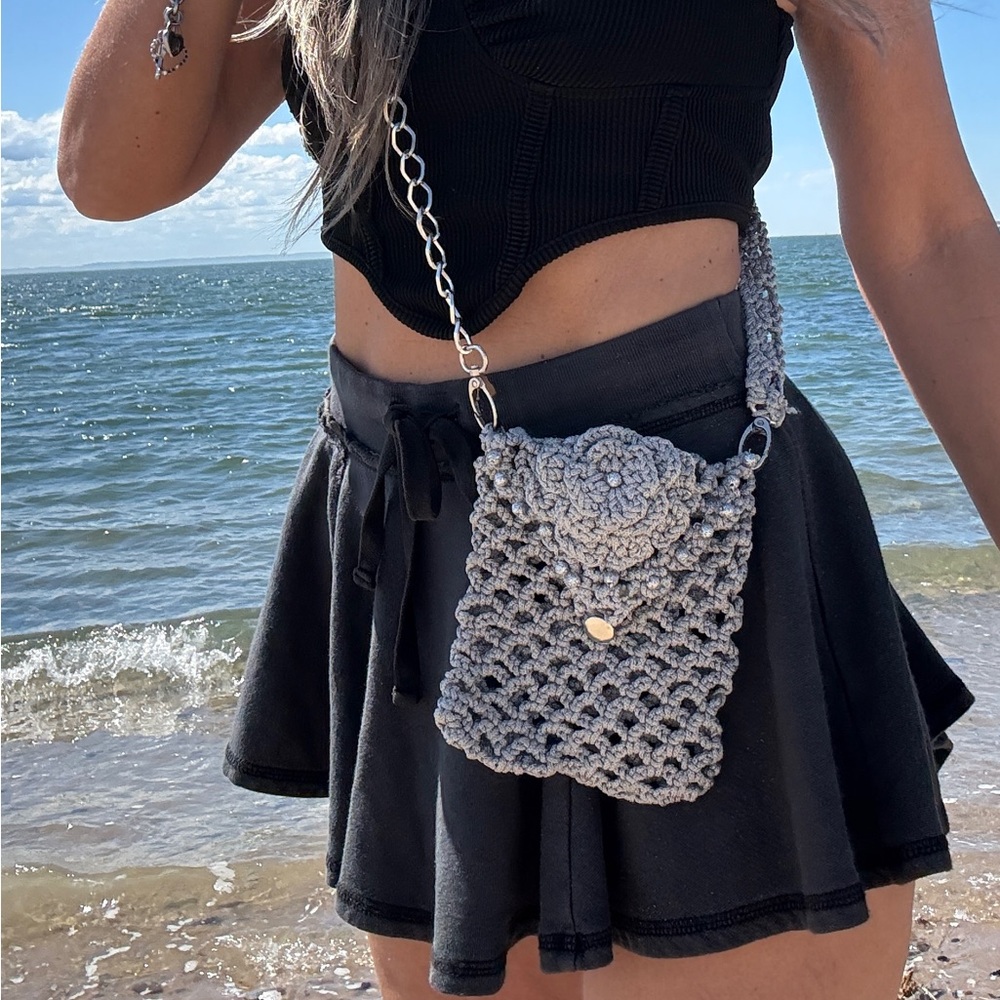 Gray Handmade Crochet Crossbody/Shoulder Bag – Adjustable Strap - Picture 7 of 11